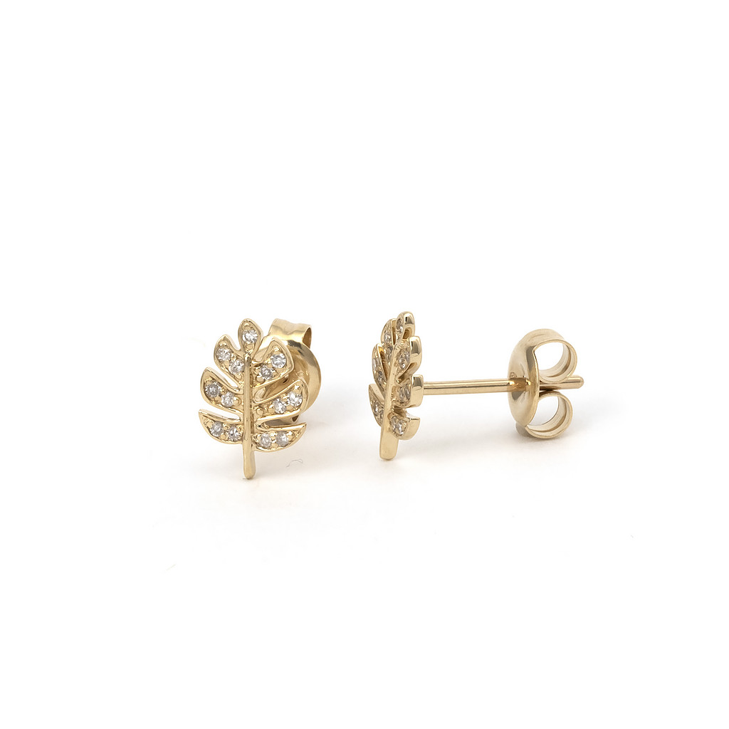 Yellow 14 Karat Leaf Stud Earrings with 26=0.08tw Round Brilliant G I Diamonds