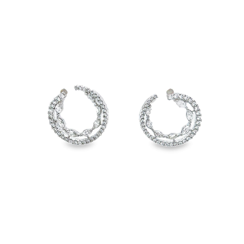14 Karat white gold earrings with 14=0.88 total weight marquise G VS Diamonds and 70=0.94 total weight round brilliant G VS Diamonds