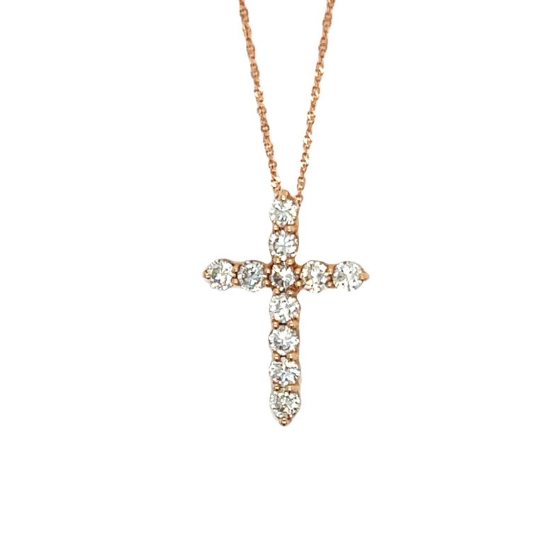 Rose 14 Karat Cross Pendant With 11=1.02Tw Round Brilliant G Si Diamonds