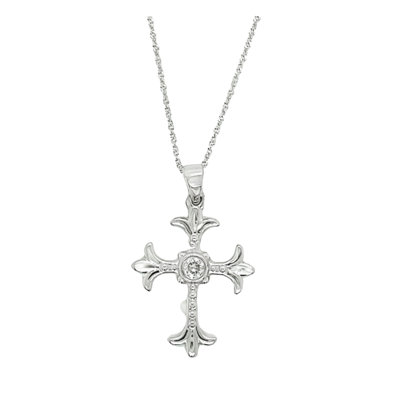 White 14 Karat Cross Pendant With One 0.10Ct Round Brilliant G Si Diamond