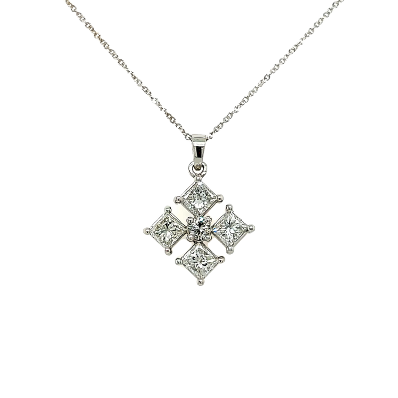 White 14 Karat Pendant With One 0.13Ct Round Brilliant G I Diamond And 4=1.23Tw Princess G Vs Diamonds