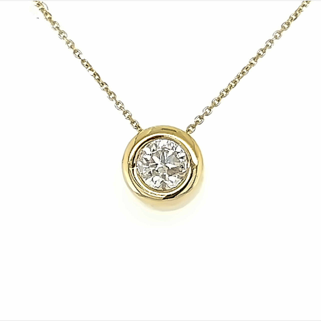 Yellow 14 Karat Round Bezel Set Diamond Pendant with One 0.54ct Round Brilliant G I2 Diamond.