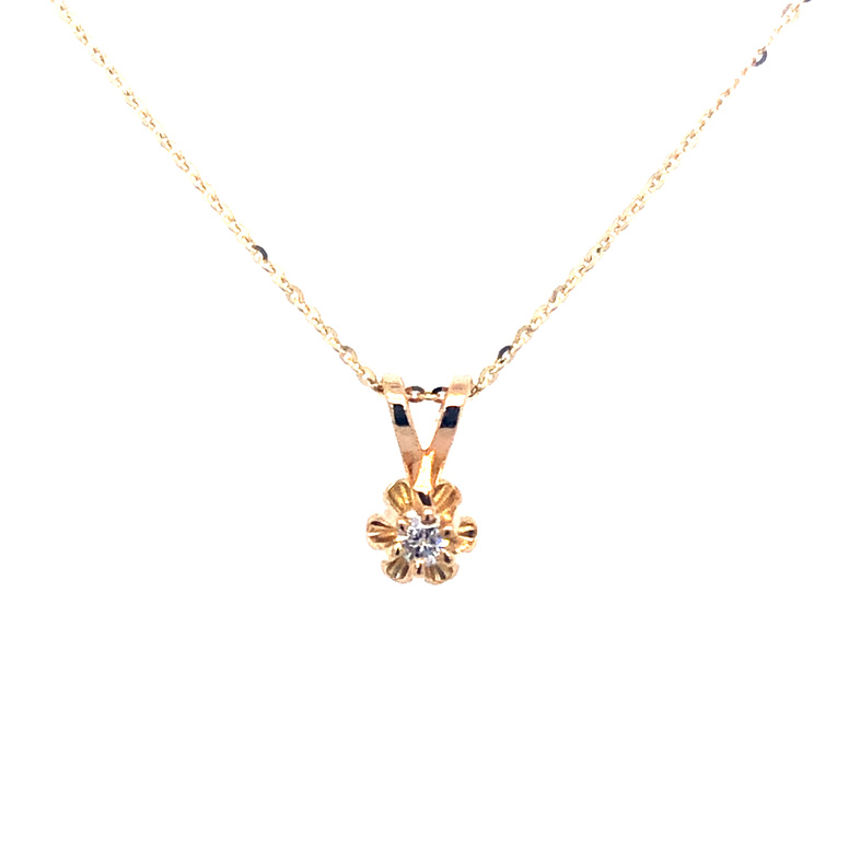 14 Karat yellow gold flower pendant with One 0.03Ct Round Brilliant G SI Diamond