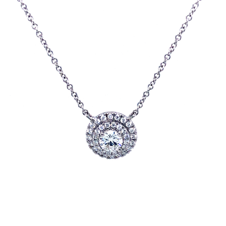 14 Karat White Gold Double Halo Pendant With One 0.45CT Round Brilliant G VS Diamond And 36=0.28TW Round Brilliant G VS Diamonds 16"-18"
