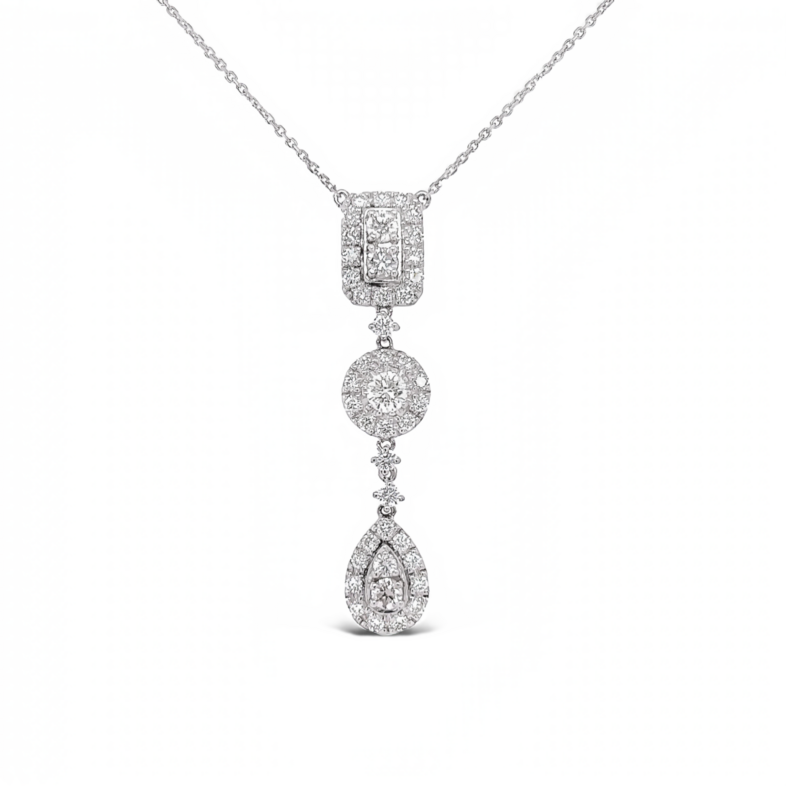 14 Karat white gold drop pendant with 43=1.75Tw Round Brilliant G VS Diamonds