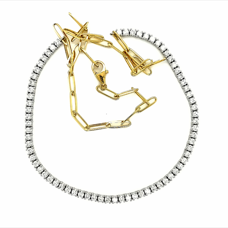14 Karat white gold riviera necklace with 70=3.35 total weight round brilliant G VS Diamonds on 14 Karat yellow gold paperclip chain