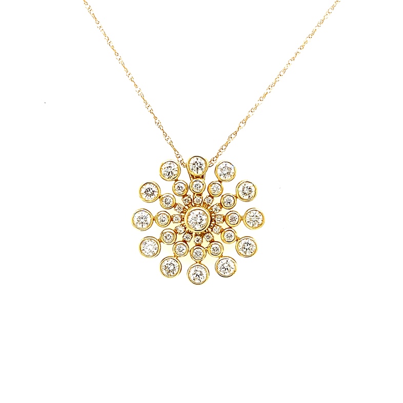 14 Karat yellow gold flower necklace with 37=1.00 total weight bezel set round brilliant G SI Diamonds