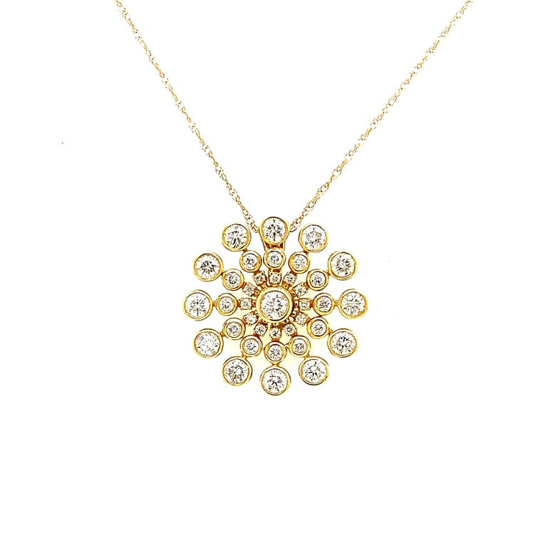 14 Karat yellow gold flower necklace with 37=1.00 total weight bezel set round brilliant G SI Diamonds