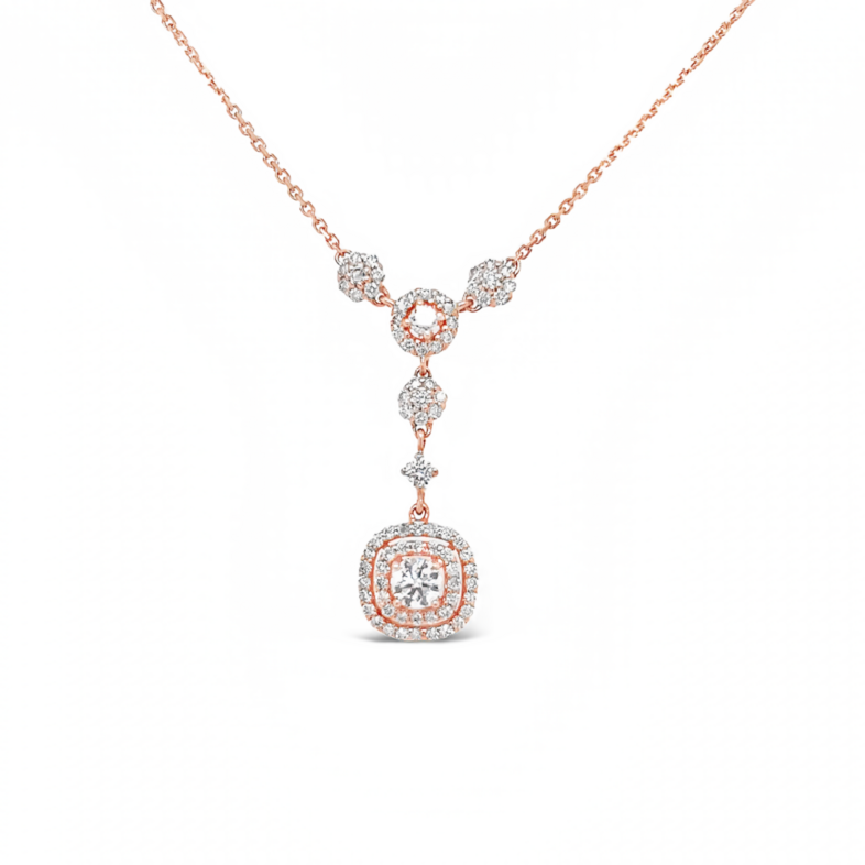 14 Karat rose gold Y Drop Necklace with 79=0.87tw Round Brilliant G VS Diamonds