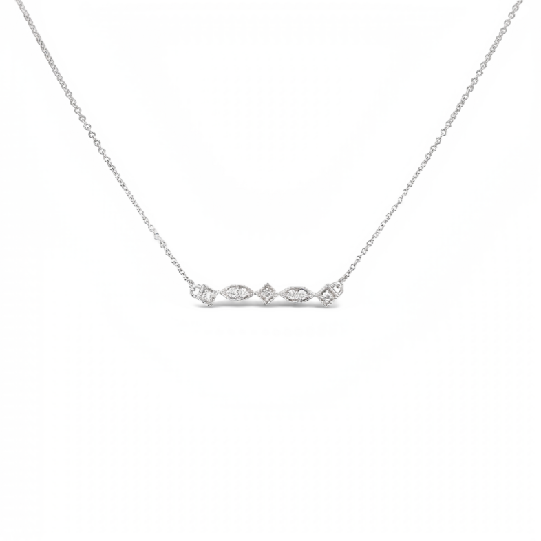 14 Karat white gold Bar Necklace with 7=0.09tw Round Brilliant G VS Diamonds