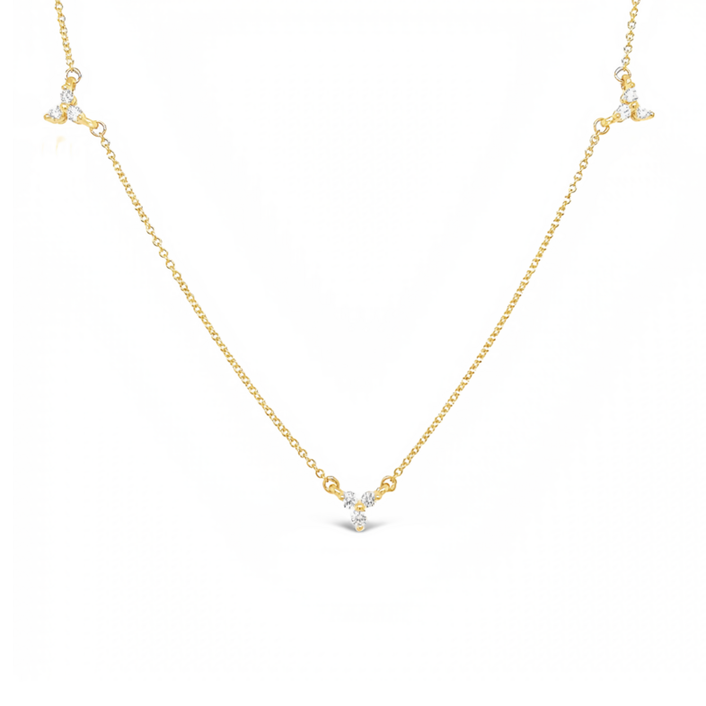 14 Karat yellow gold cluster station Necklace with 9=0.30tw Round Brilliant G VS Diamonds
