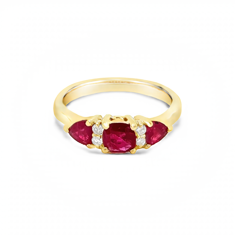 Yellow 14 Karat 3 Stone Fashion Ring With 4=0.07Tw Round Brilliant G Vs Diamonds And 3=1.40Tw Various Shapes Rubys