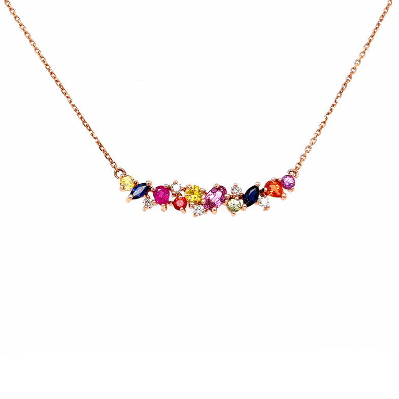 14 Karat rose gold bar necklace with 10=1.65 total weight various shapes Sapphires and 5=0.15 total weight round brilliant G VS Diamonds