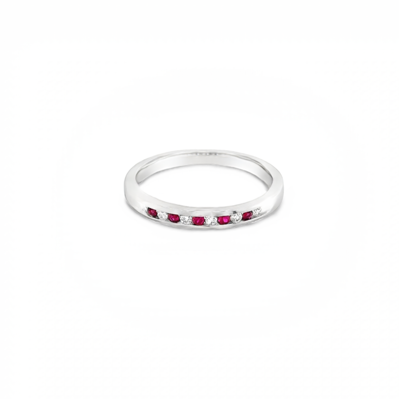 14 Karat white gold wedding band with 5=0.07Tw round Rubies and 6=0.08Tw Round Brilliant G SI Diamonds