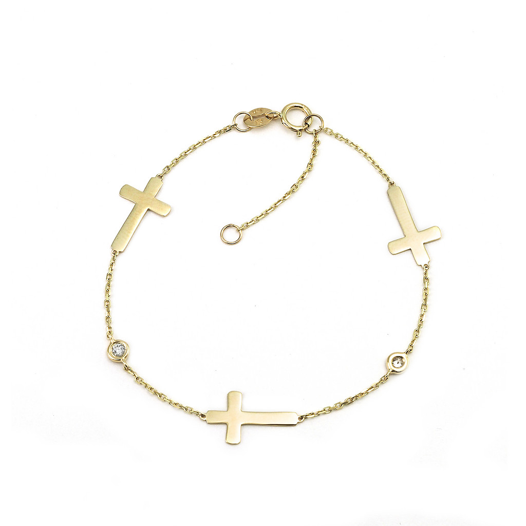Yellow 14 Karat Cross Bracelet with 2=0.07tw Round Brilliant G I Diamonds