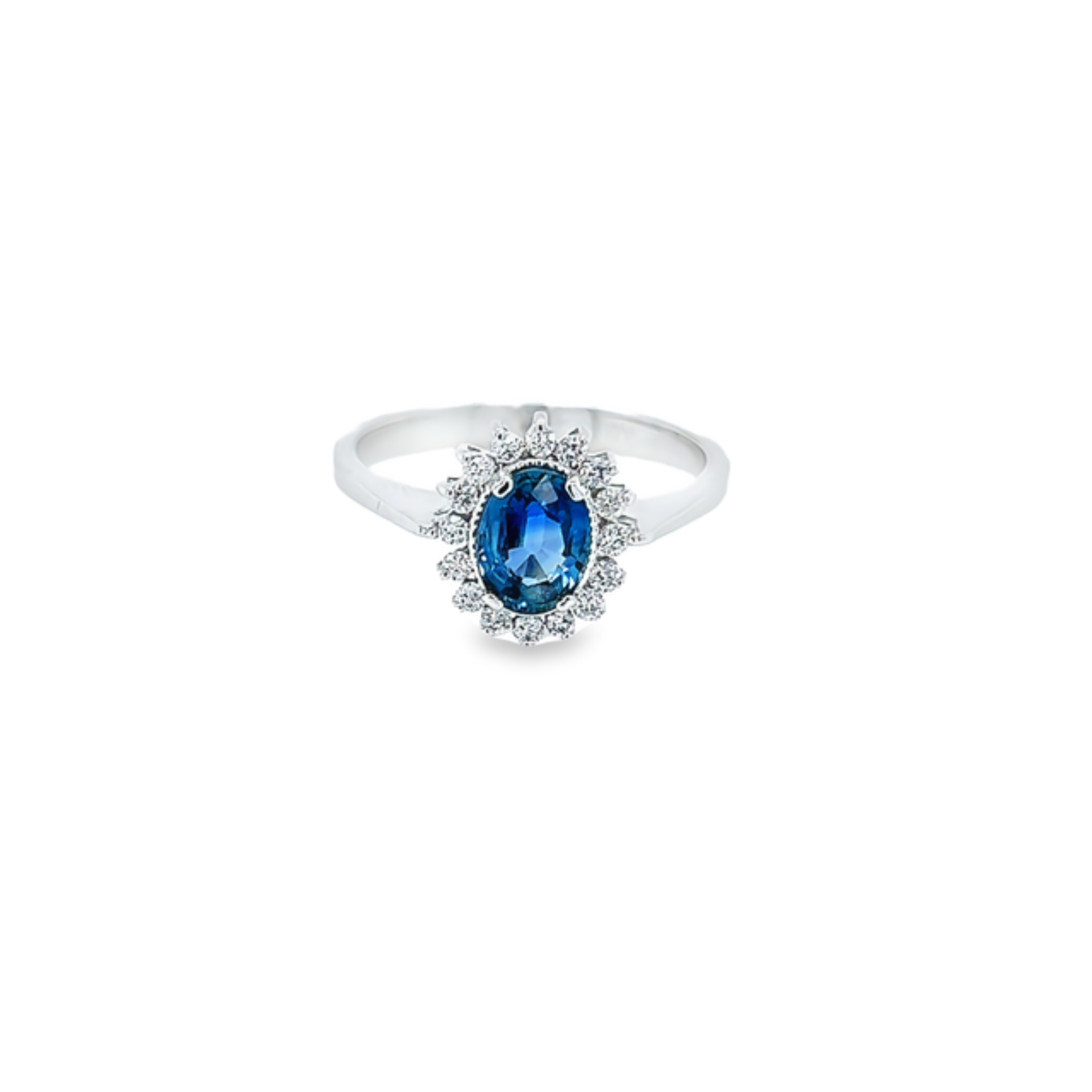 14 Karat white gold ring with One 1.00 carat oval Sapphire and 16=0.20 total weight round brilliant G SI Diamonds