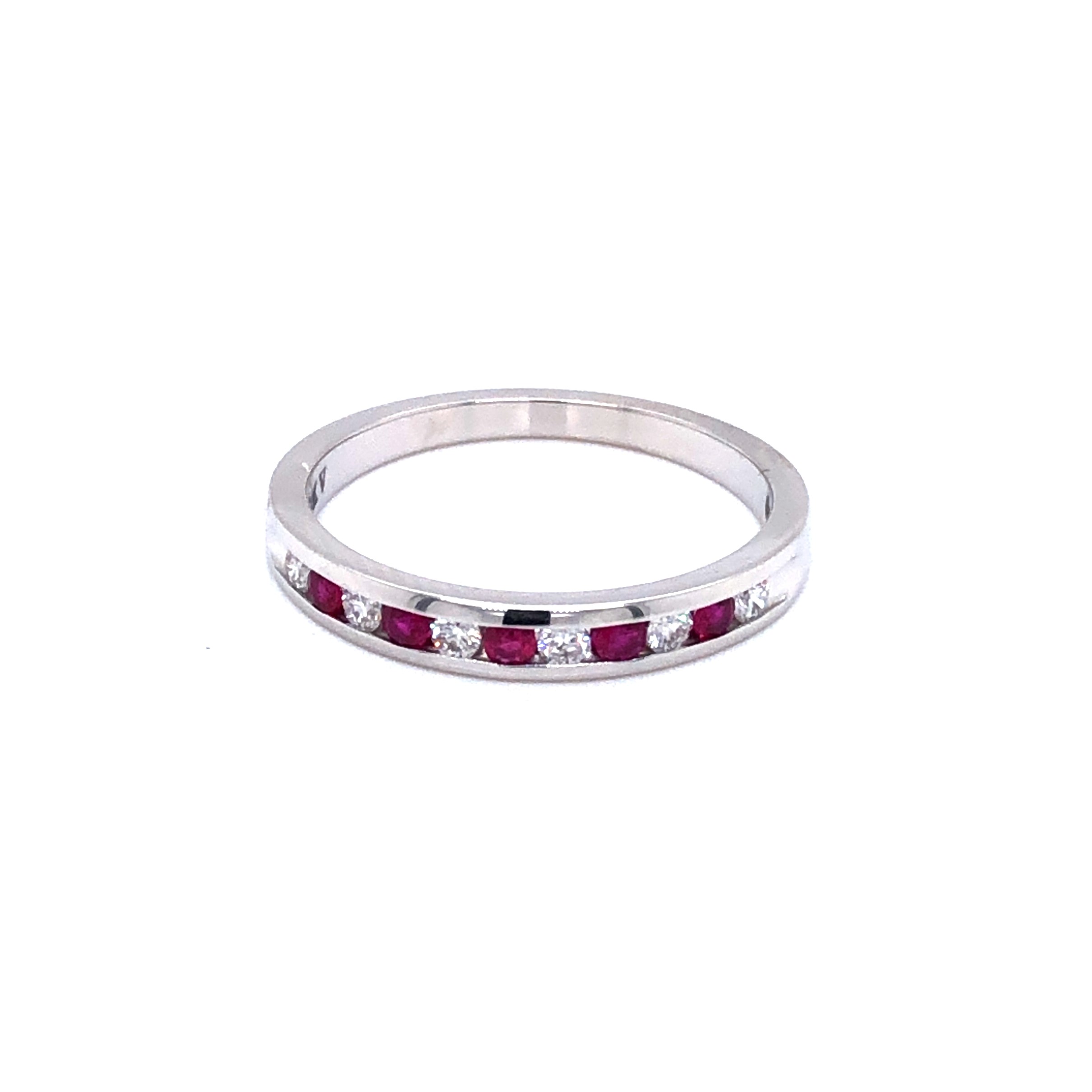 14 Karat white gold wedding band with 5=0.14TW round Rubies and 6=0.16TW round brilliant G SI Diamonds