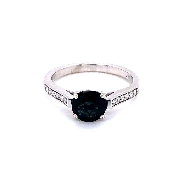 White 14k Ring With One 1.40CT Round Sapphire And 12= Round Brilliant G VS Diamonds
