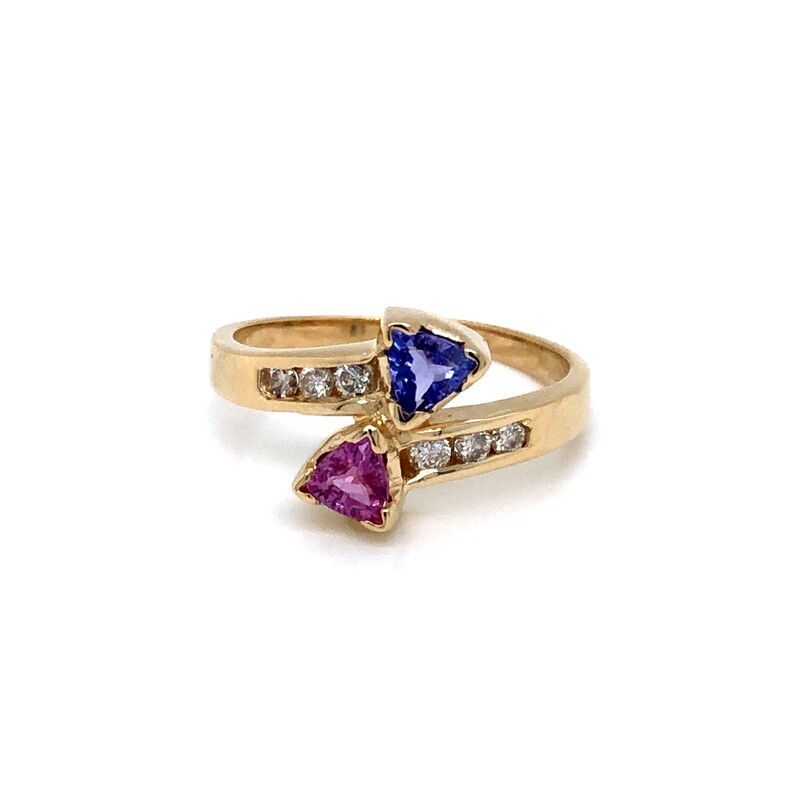Yellow 14 Karat Ring With One 4.50MM Trillion Pink Sapphire  One 4.50MM Trillion Tanzanite And .6=20 TW G VS Diamonds.