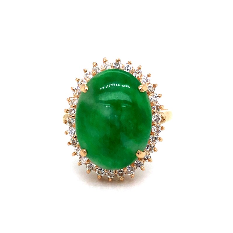Yellow 14 Karat Ring With One 16.00X12.00MM Jadeite Cabochon And 30=0.75Tw Round Brilliant G VS Diamonds