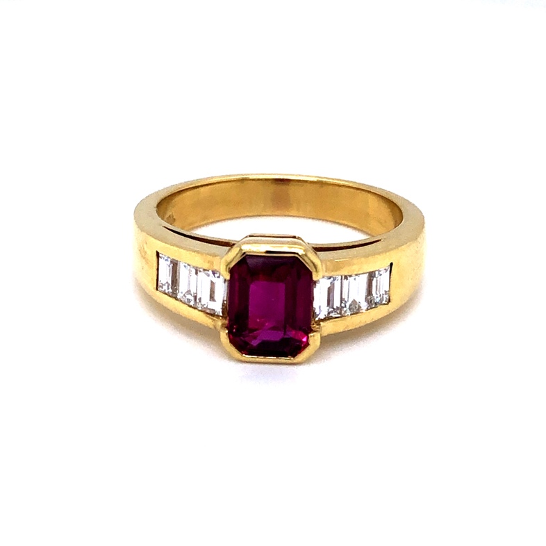 Yellow 18 Karat Ring With One 1.58Ct Emerald Ruby And 6=0.61TW Baguette F VVS Diamonds