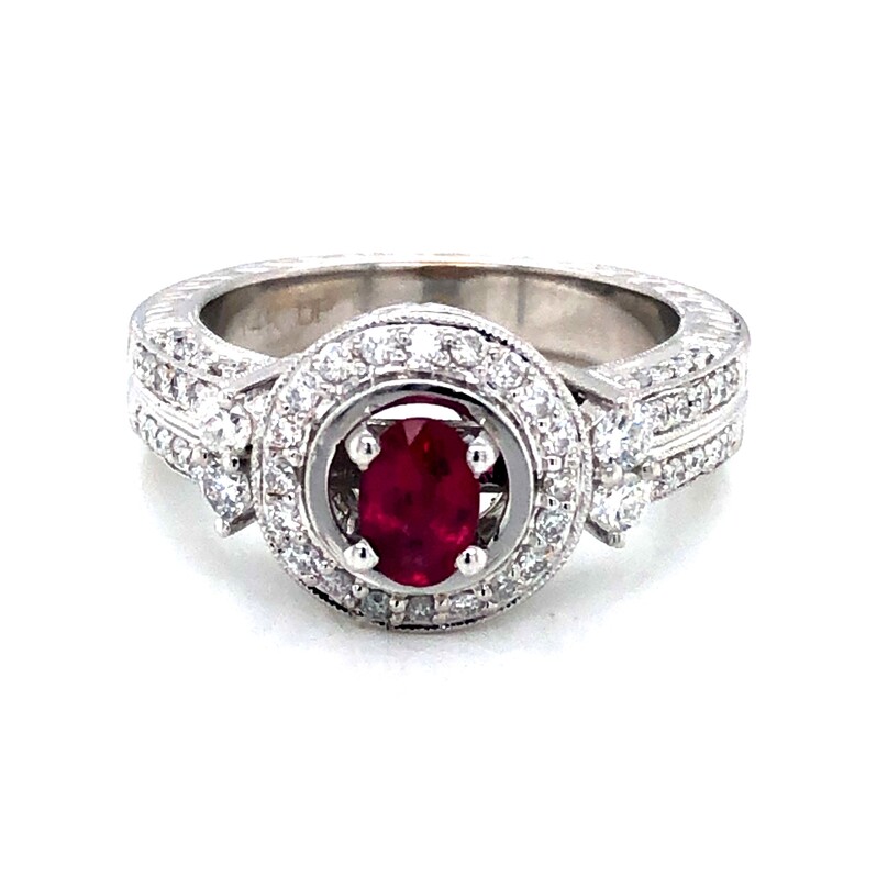 White 14 Karat Fashion Ring With One 6.00X4.00Mm Oval Ruby And 60=1.00Tw Round Brilliant G Si Diamonds  dwt: 4.61