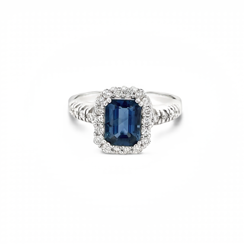 White 14 Karat Halo Fashion Ring With 26=0.35Tw Round Brilliant G VS Diamonds And One 1.75Ct Emerald Sapphire