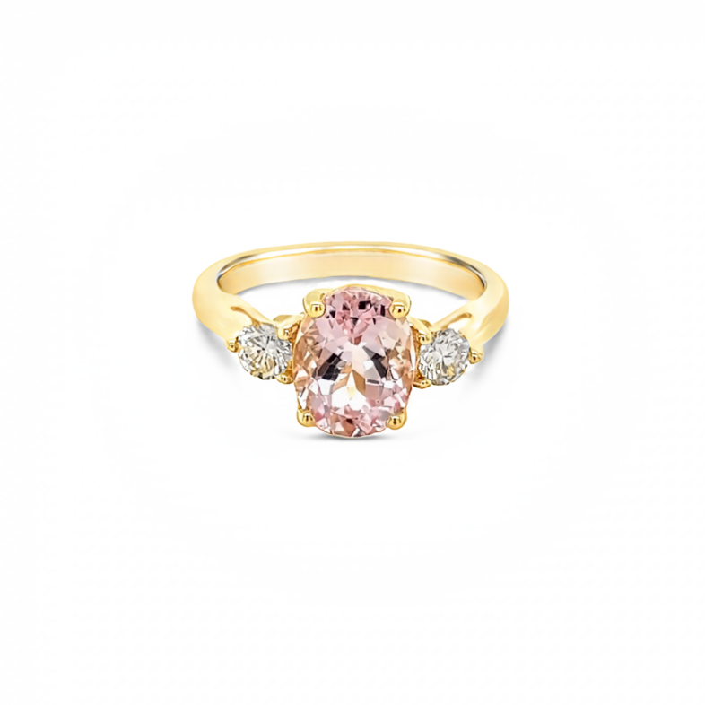 Yellow 14 Karat 3 Stone Fashion Ring With 2=0.30Tw Round Brilliant G Vs Diamonds And One 1.70Ct Oval Morganite