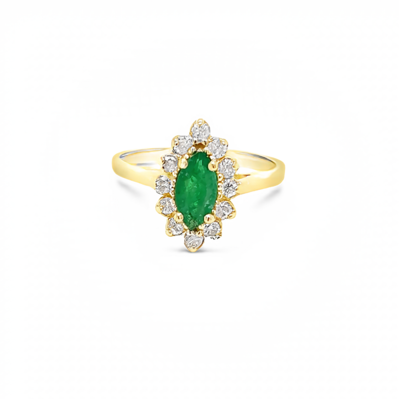 Yellow 14 Karat Ring with one 8.00x4.00mm Marquise Emerald &  12=0.50tw Round Brilliant G I Diamonds
