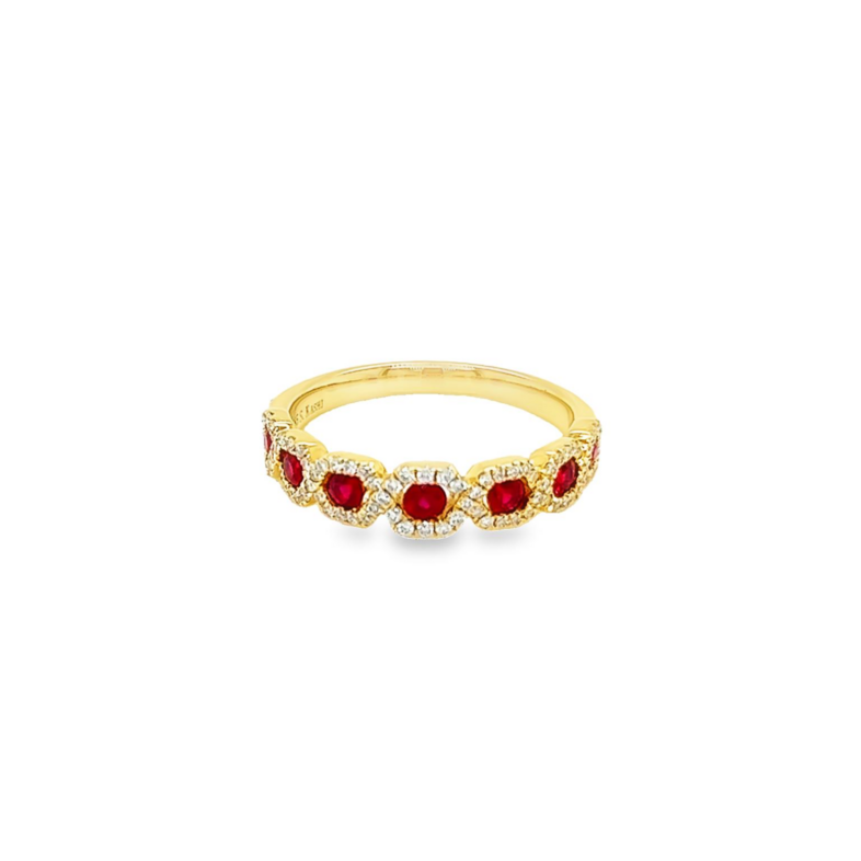 14 Karat yellow gold ring with 7=0.48total weight round Rubys and 83=0.26total weight round brilliant G VS Diamonds