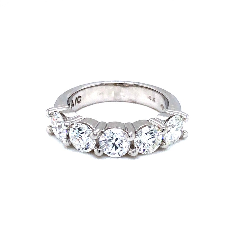 14 Karat white gold 5 Stone wedding band with 5=2.52 total weight Round Brilliant J SI Diamonds