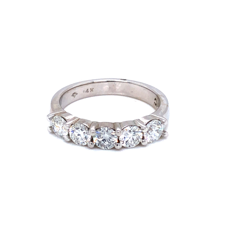 14 Karat white gold wedding band Size 6.5 with 5=1.23TW round brilliant G SI Diamonds