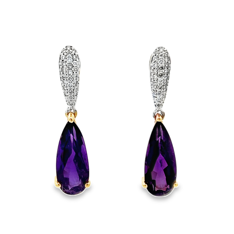 14 Karat yellow and white gold dangle earrings with 2=5ctw pear Amethysts and 50=0.27ctw round brilliant G I Diamonds  dwt: 2