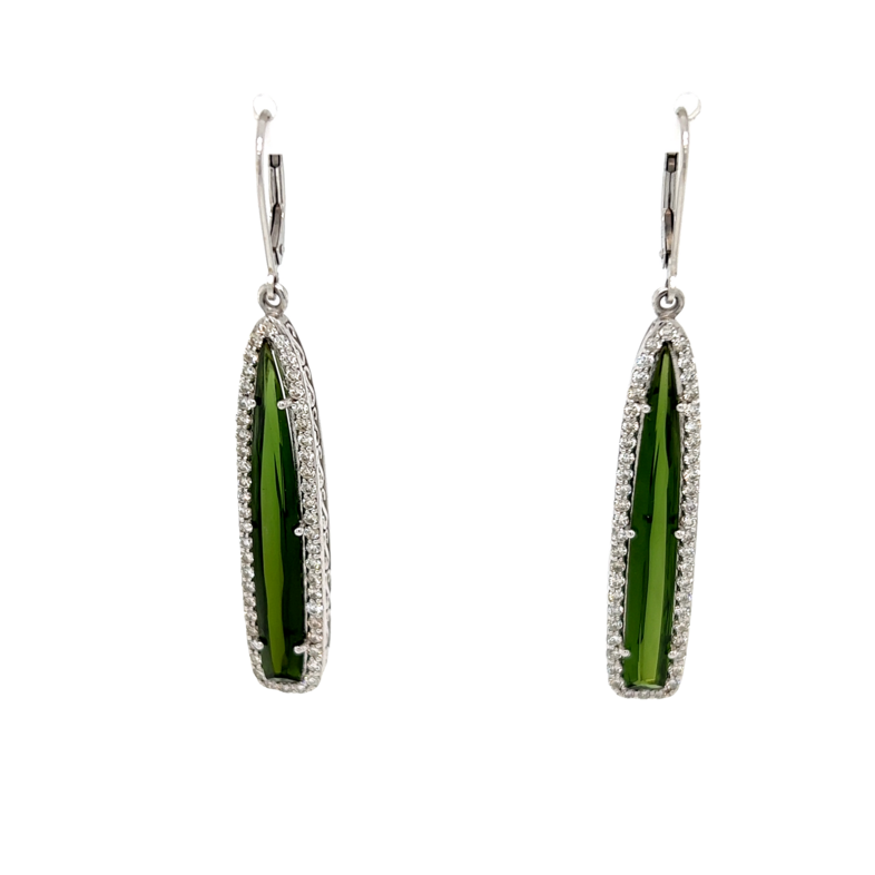 White 14 Karat Dangle Earrings 2=7.07tw Pear Green Tourmalines &  100=1.41tw Round Brilliant G SI Diamonds