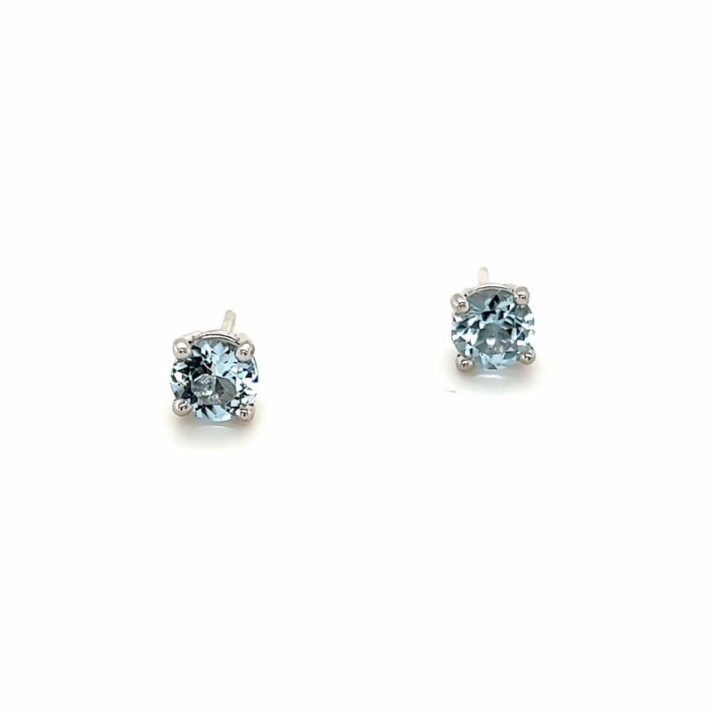 White 14 Karat Stud Earrings With 2=5.00Mm Round Aquamarines