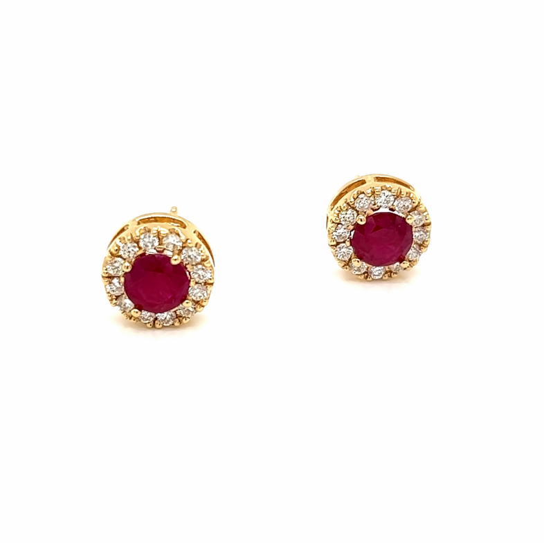 Yellow 14 Karat Halo Stud Earrings With 24=0.36Tw Round Brilliant G VS Diamonds And 2=1.20Tw Round Rubys