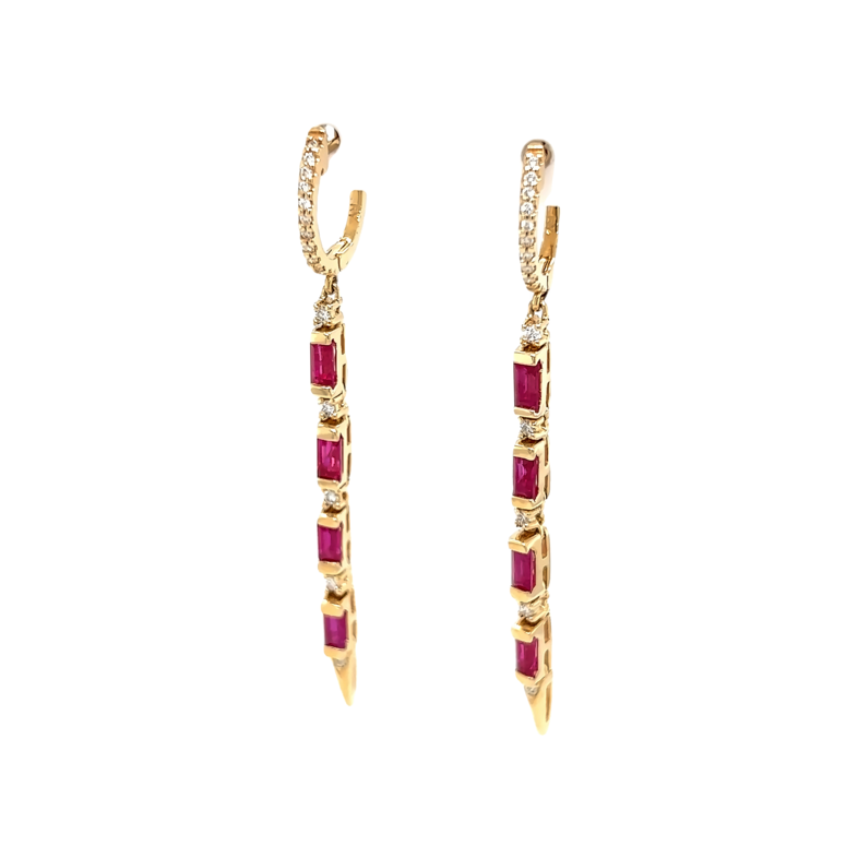 Yellow 14 Karat Dangle Earrings With 32=0.18Tw Round Brilliant G VS Diamonds And 8=1.44Tw Baguette Rubys