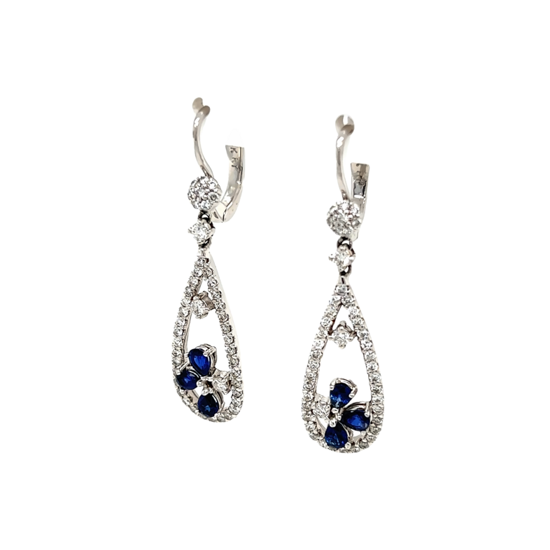 White 14 Karat Dangle Earrings With 90=0.96Tw Trapezoid G VS Diamonds And 6=1.20Tw Pear Sapphires