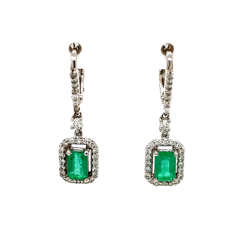 White 14 Karat Dangle Earrings With 56=0.49Tw Round Brilliant G VS Diamonds And 2=1.20Tw Emerald Emeralds