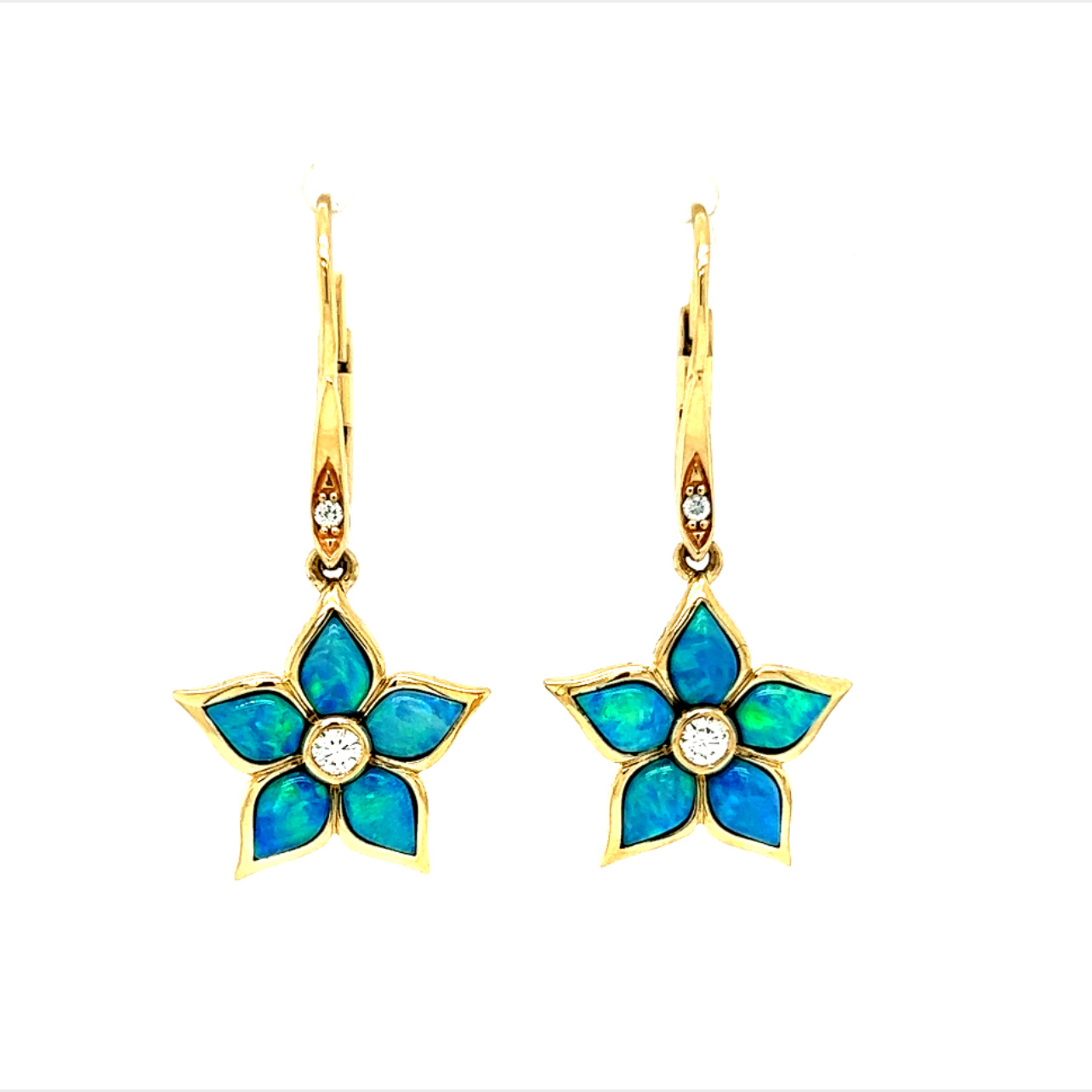 14 Karat yellow gold flower Dangle Earrings with Opal Inlay and   4=0.11Tw Round Brilliant G Vs Diamonds