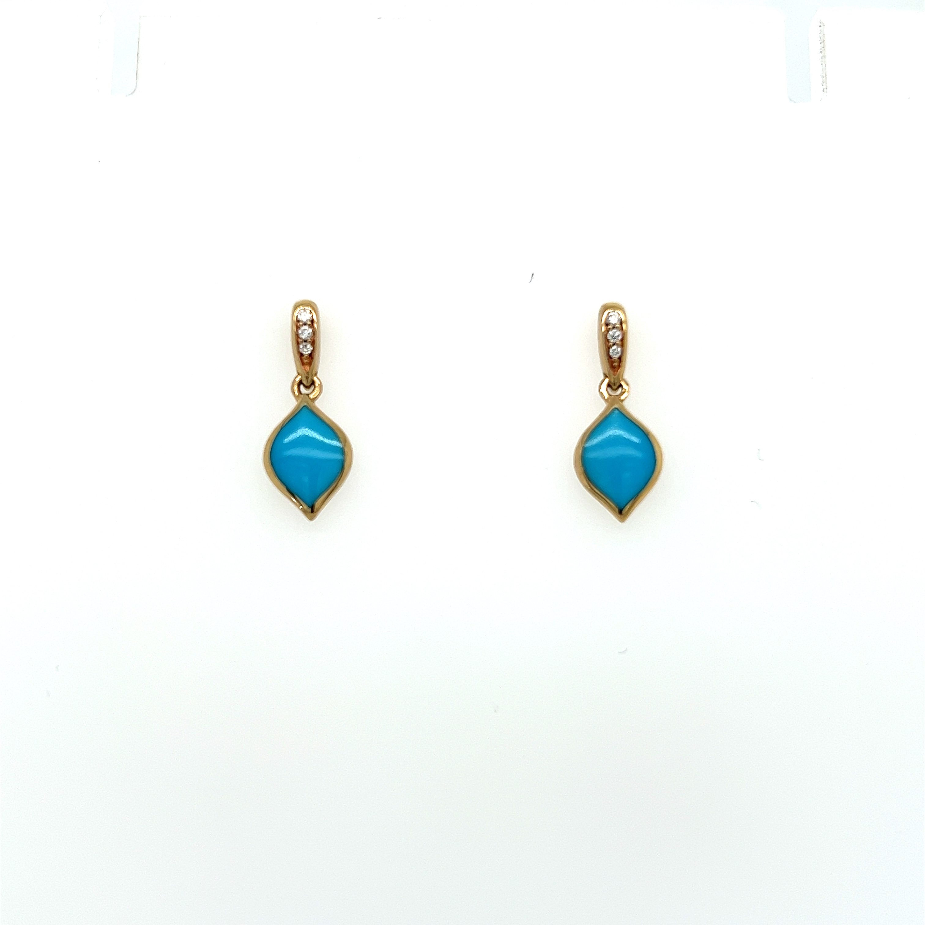 Yellow 14 Karat yellow gold earrings with Turquoise inlay and 6=0.04tw Round Brilliant G VS Diamonds