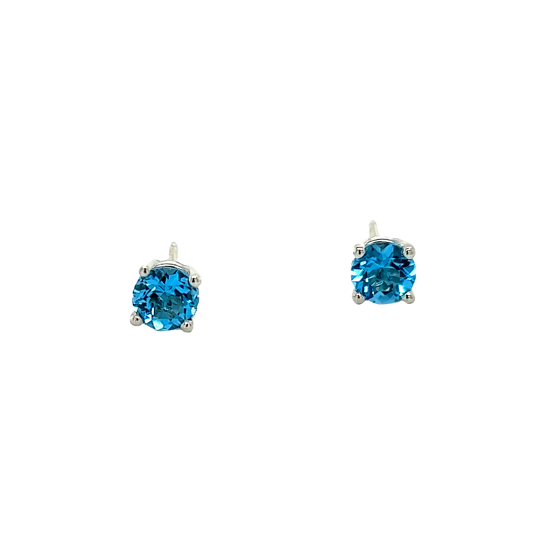 White 14 Karat Stud Earrings With 2=5.00Mm Round Swiss Blue Topaz.