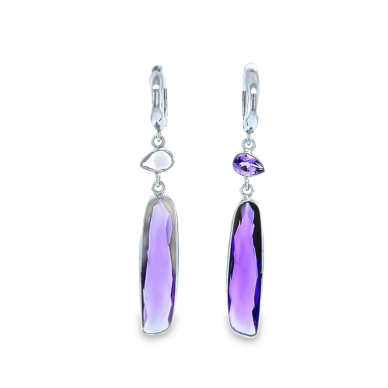 Rhodium plated sterling dangle earrings with 4 Amethysts