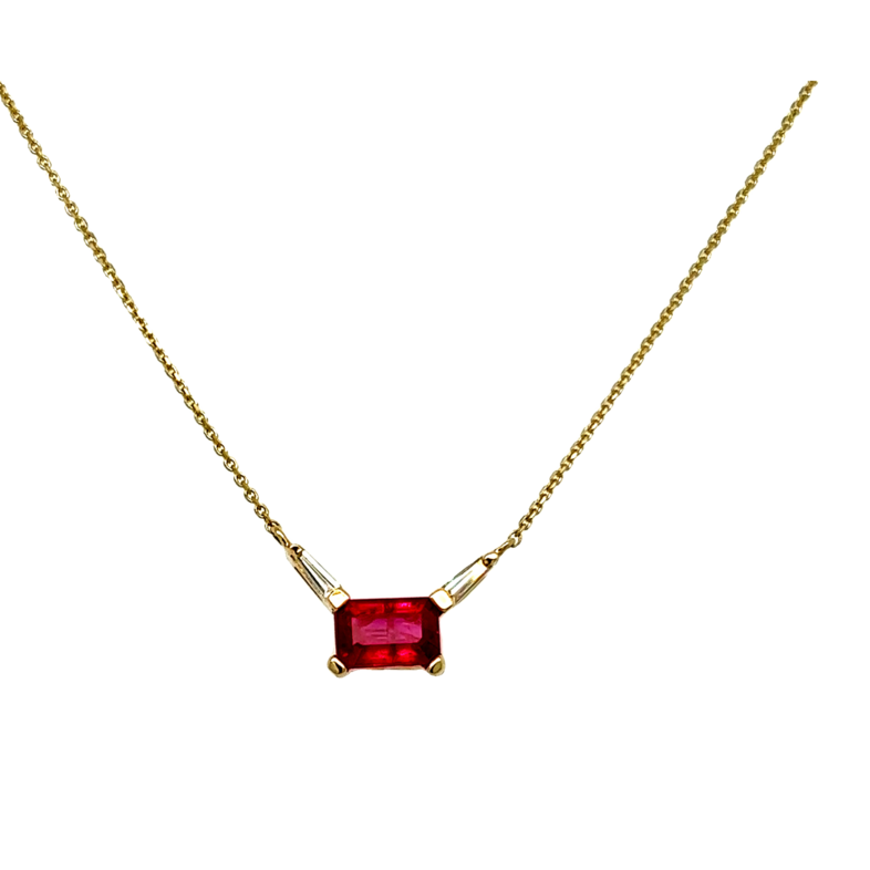 Yellow 14 Karat Fancy Solitaire Pendant with One 0.54ct Emerald Ruby and   2=0.07tw Tapered Baguette G VS Diamonds