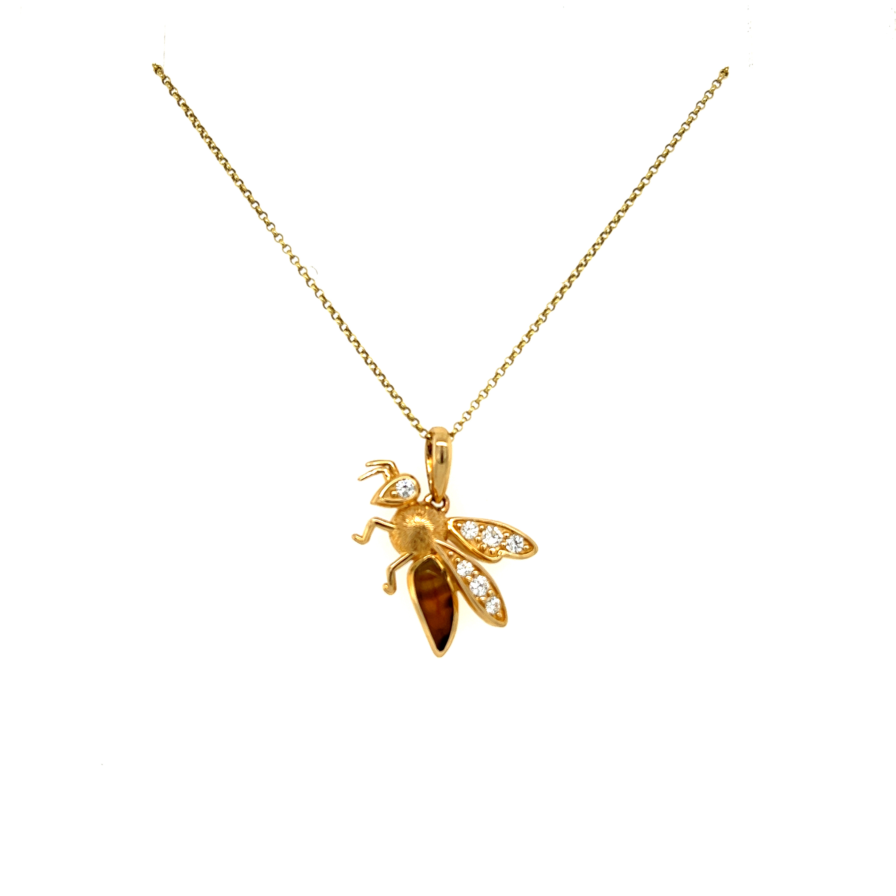 14 Karat yellow gold Bee Pendants With one Tigers Eye and 7=0.15Tw Round Brilliant G Si Diamonds