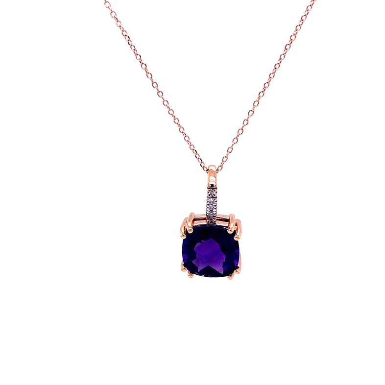 14 Karat rose gold pendants with One 3.50Ct cushion Amethyst and 5=0.03 total weight round brilliant G VS Diamonds