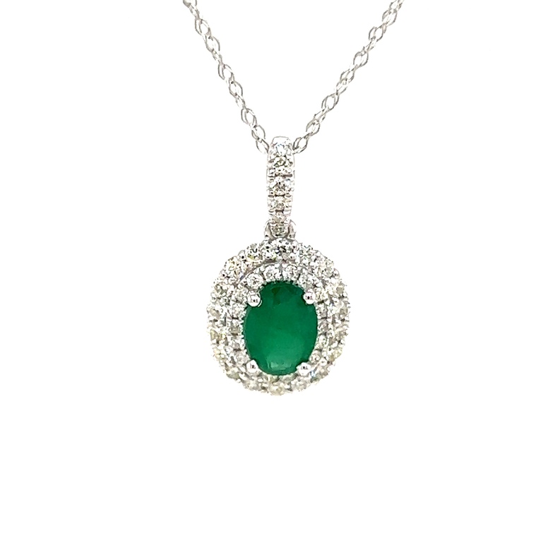 White 14 Karat Halo Pendant With One 0.70Ct Oval Emerald And 38=0.39Tw Round Brilliant G Si Diamonds