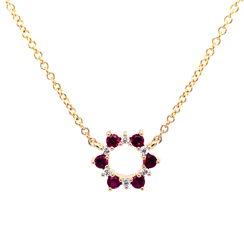 14 Karat Yellow Gold Circle Pendant With 6=0.27TW Round Rubies And 6=0.08TW Round Brilliant G VS Diamonds