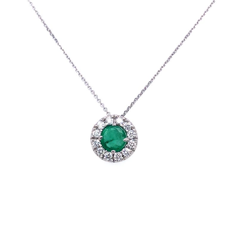 14 Karat white gold pendant with One 0.50Ct round Emerald and 13=0.18 total weight round brilliant G SI Diamonds