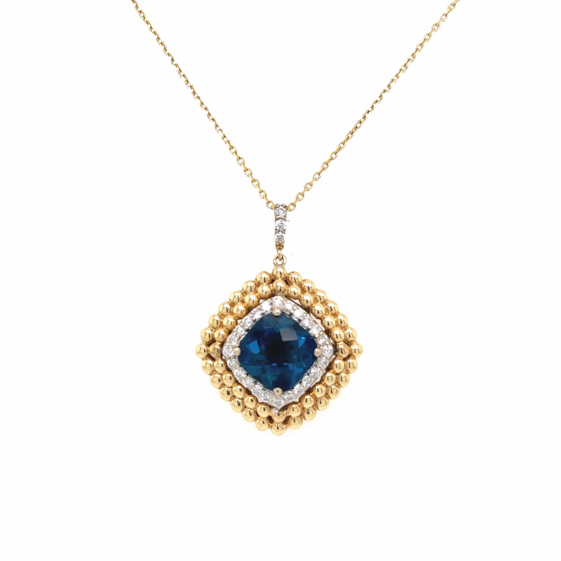 Yellow 14 Karat Halo Pendants with One 5.00ct Cushion Blue Topaz and  23=0.55tw Round Brilliant G VS Diamonds